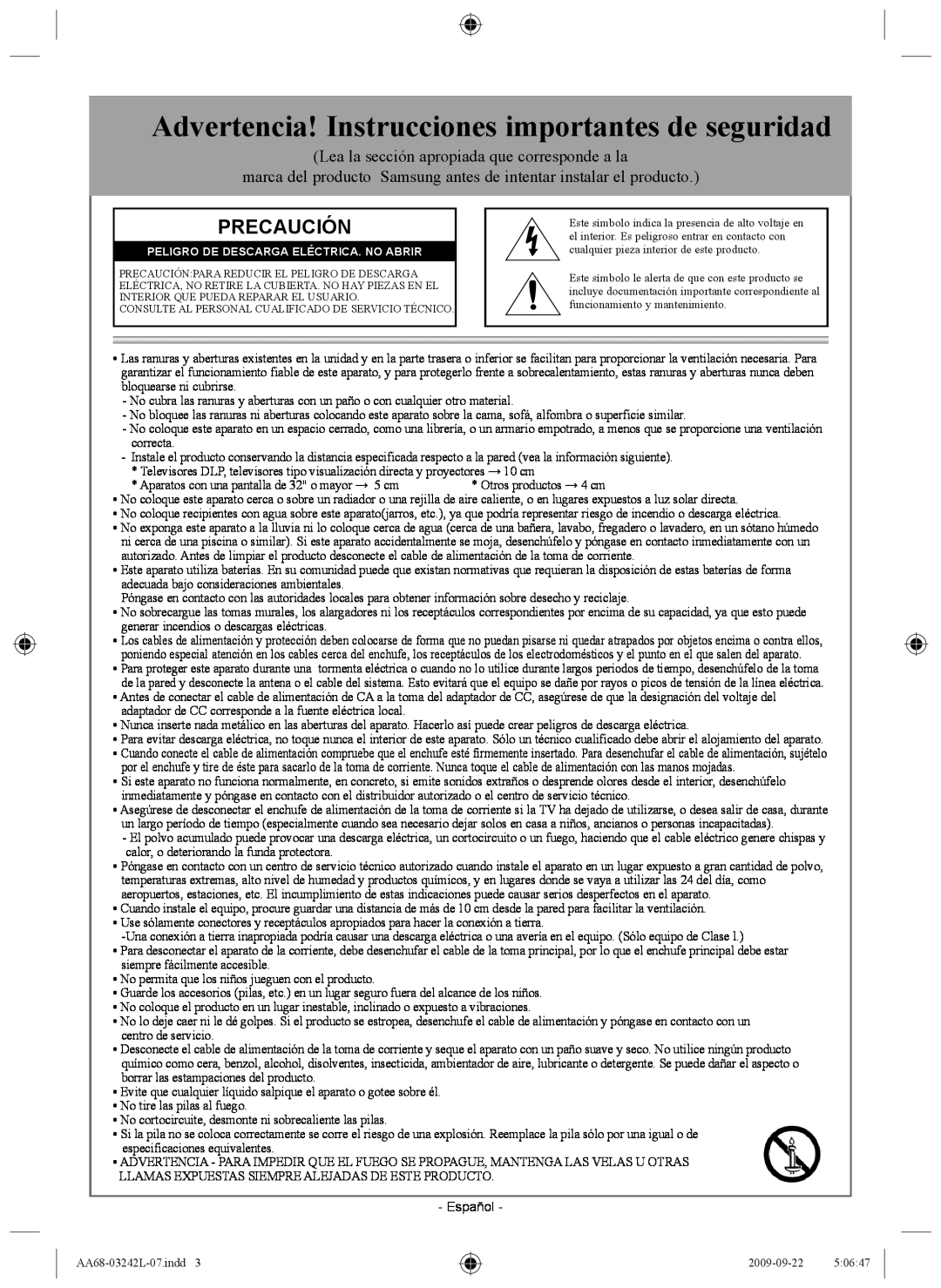 Samsung AA68-03242L-07 important safety instructions Advertencia! Instrucciones importantes de seguridad, Precaución 