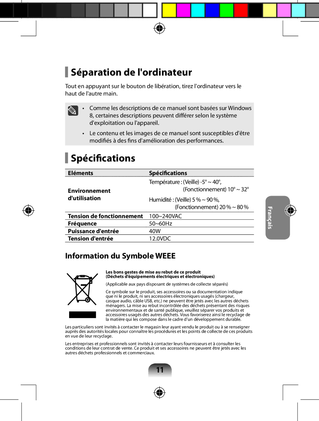 Samsung AA-RD7NMKD/US, AARD7NSDOUS manual Séparation de lordinateur, Spécifications 