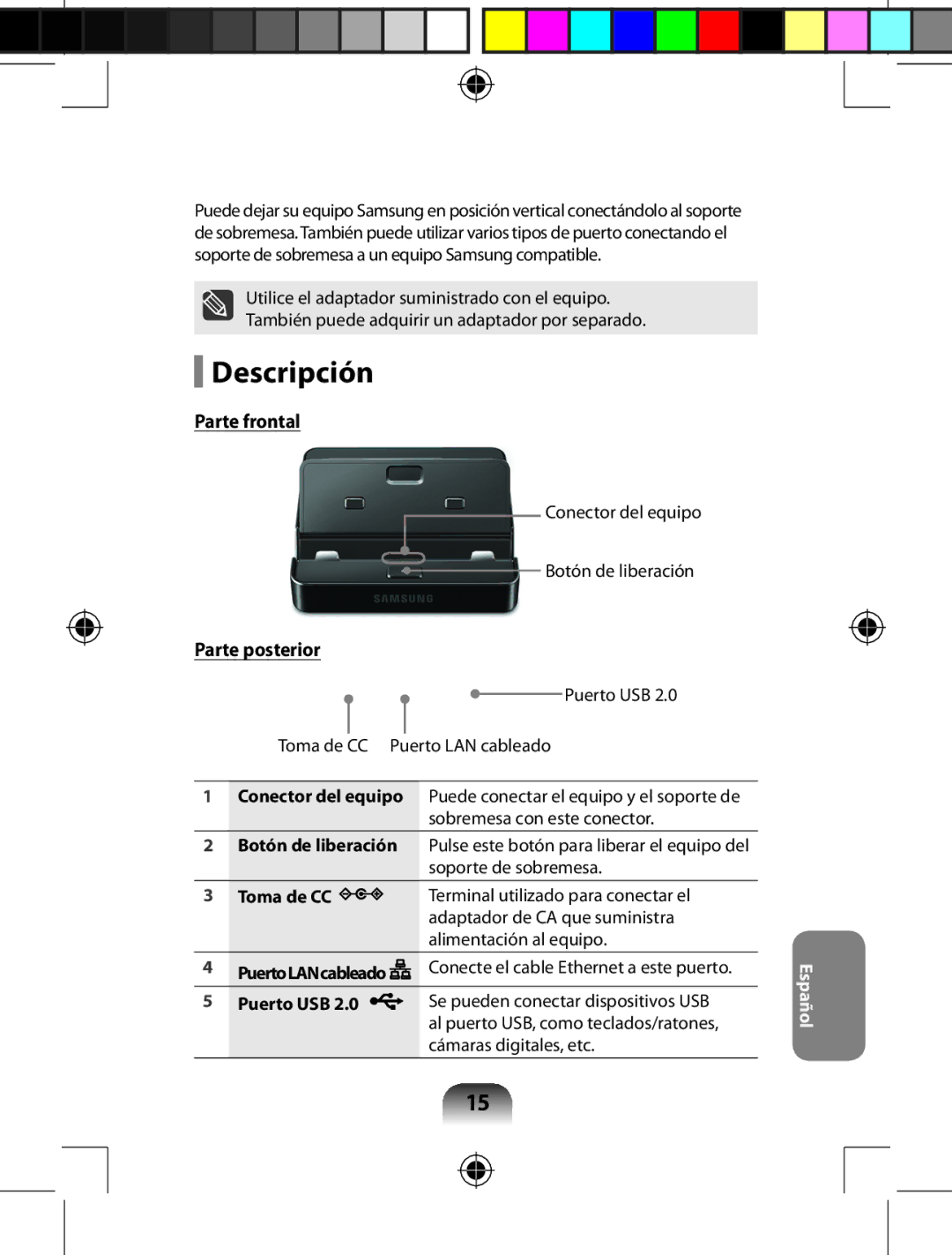 Samsung AA-RD7NMKD/US, AARD7NSDOUS manual Descripción, Parte frontal, Parte posterior 