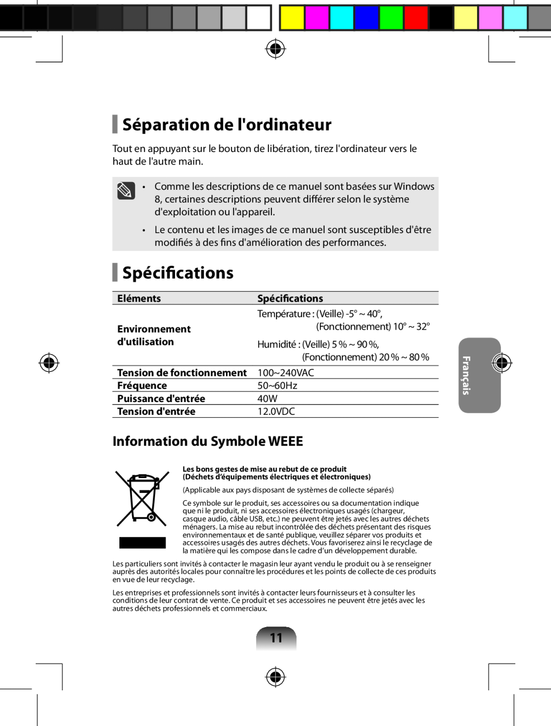 Samsung AA-RD7NMKD/US, AARD7NSDOUS manual Séparation de lordinateur, Spécifications, Information du Symbole WEEE, Français 