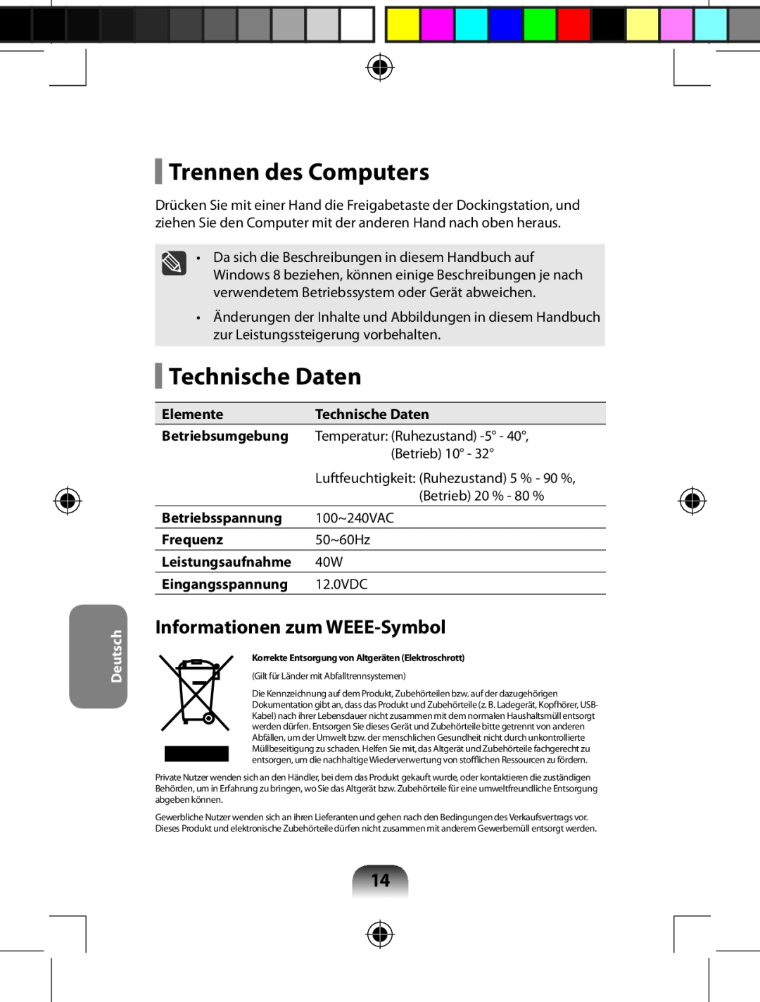 Samsung AARD7NSDOUS, AA-RD7NMKD/US manual Trennen des Computers, Technische Daten, Informationen zum WEEE-Symbol, Deutsch 