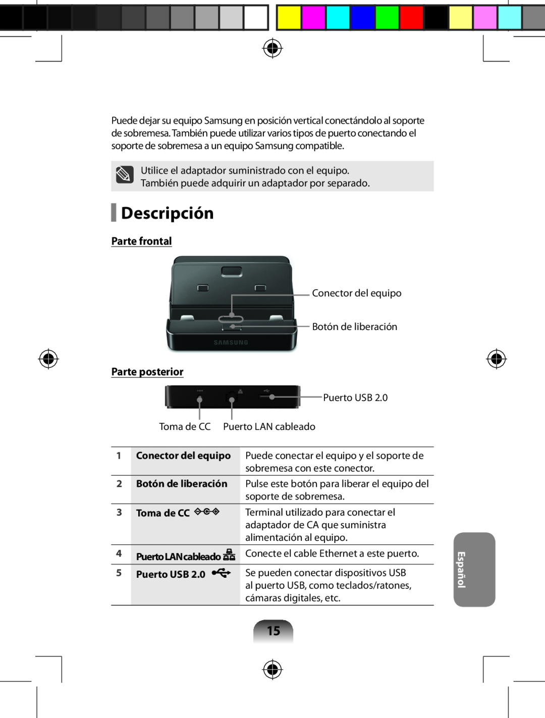 Samsung AA-RD7NMKD/US, AARD7NSDOUS manual Descripción, Parte frontal, Parte posterior, Español 
