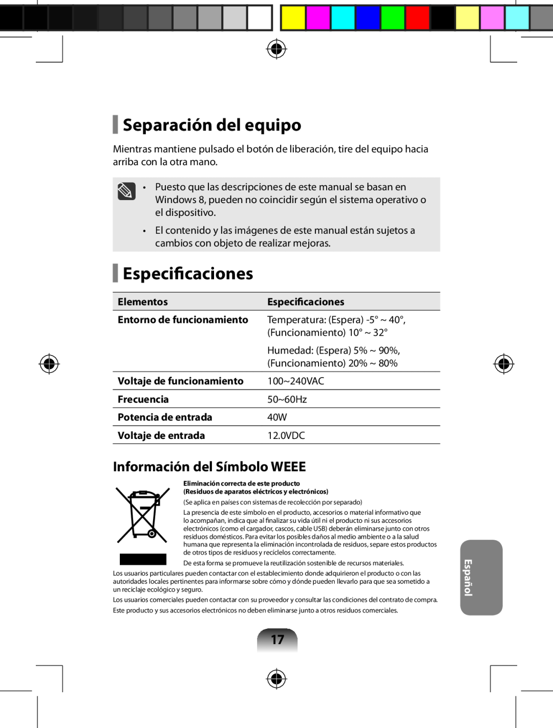 Samsung AA-RD7NMKD/US, AARD7NSDOUS manual Separación del equipo, Especificaciones, Información del Símbolo WEEE, Español 
