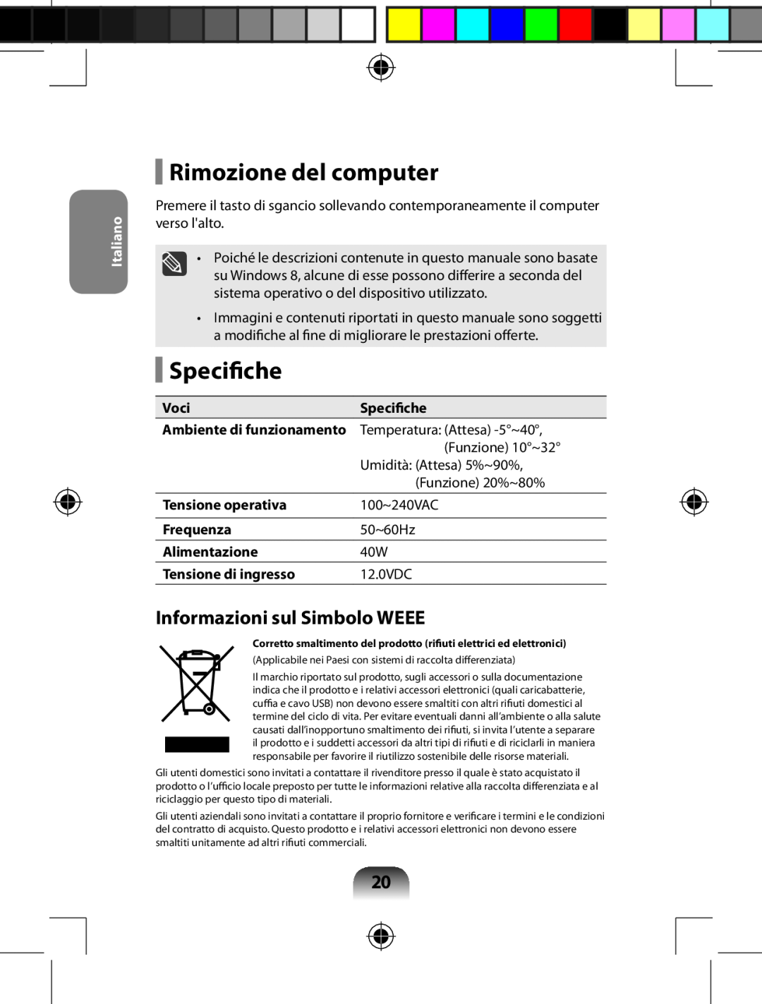 Samsung AARD7NSDOUS, AA-RD7NMKD/US manual Rimozione del computer, Specifiche, Informazioni sul Simbolo WEEE, Italiano 