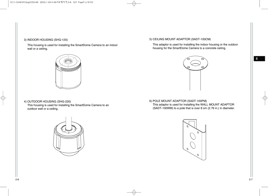 Samsung AB68-00504B instruction manual Indoor Housing SHG-120, Outdoor Housing SHG-220, Ceiling Mount Adaptor SADT-100CM 