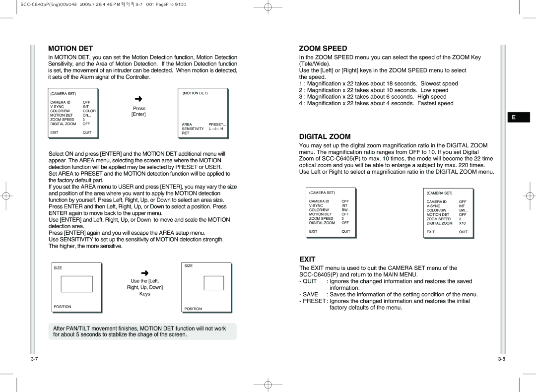 Samsung AB68-00504B instruction manual Motion DET, Zoom Speed, Digital Zoom, Exit 