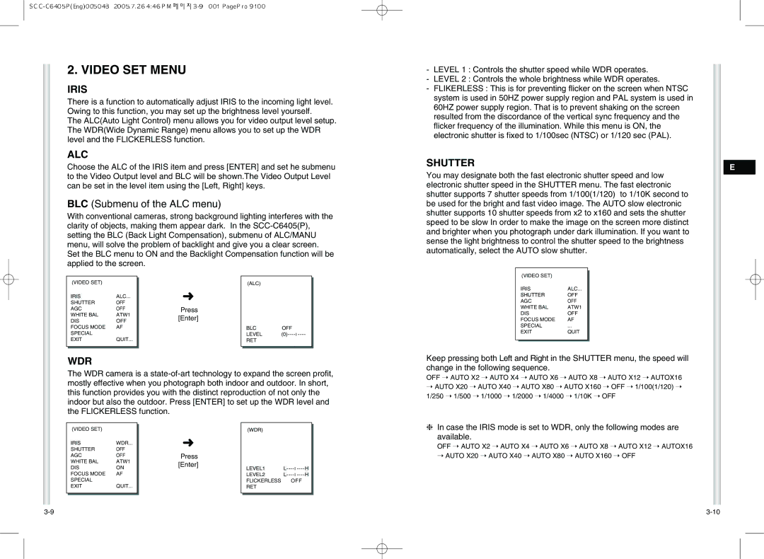 Samsung AB68-00504B instruction manual Video SET Menu, Iris, Alc, Shutter, Wdr 