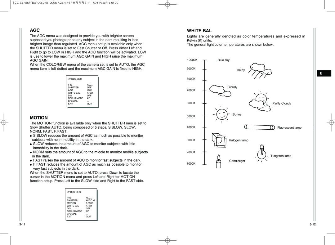 Samsung AB68-00504B instruction manual Agc, Motion, White BAL, AGC Gain 