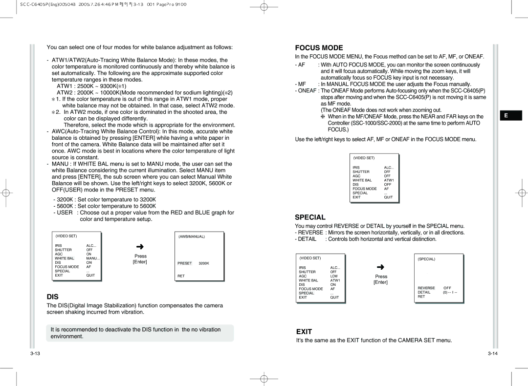 Samsung AB68-00504B instruction manual Focus Mode, Special, Dis 