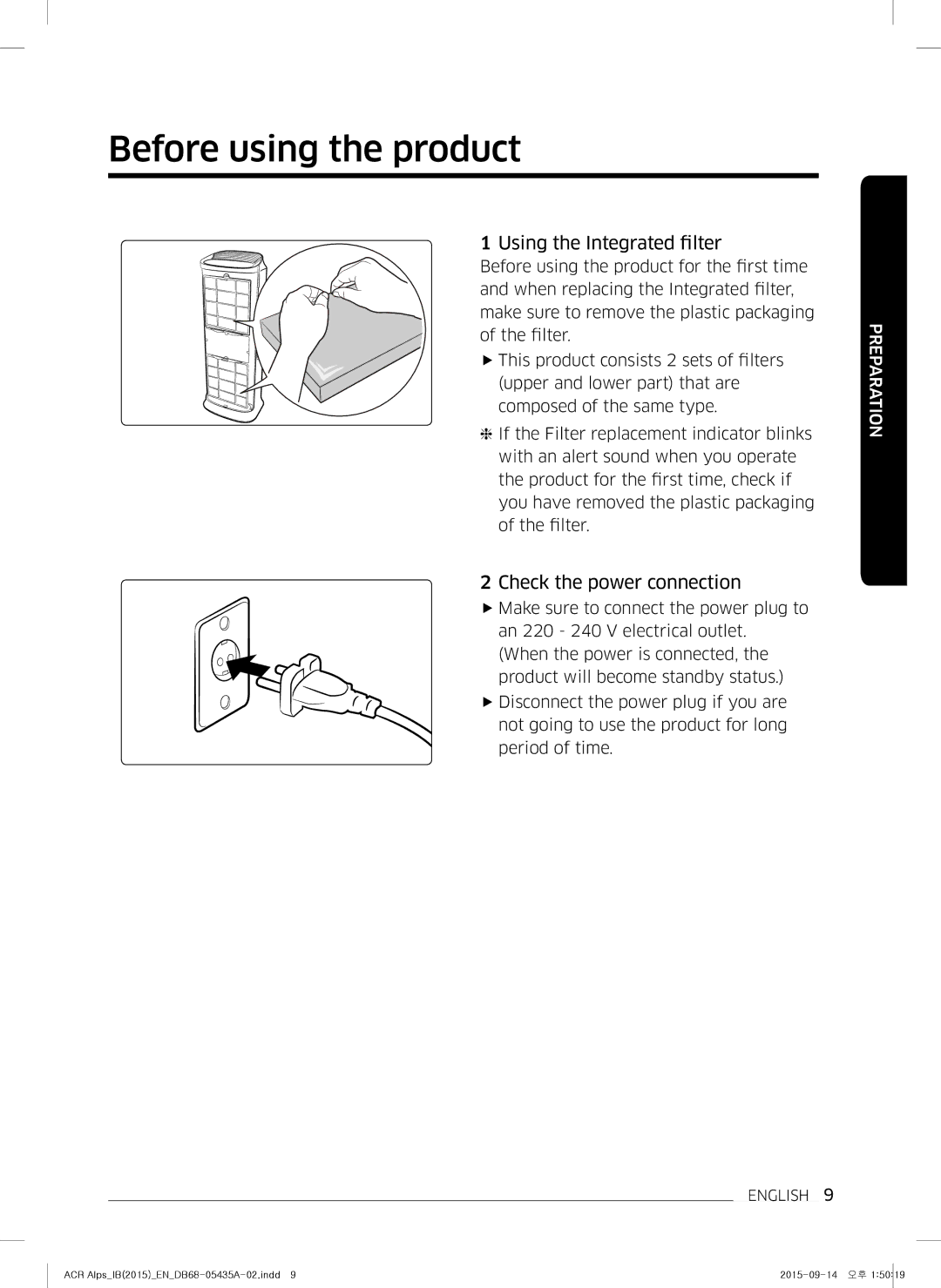 Samsung AC-B87AVWA/HC manual Before using the product, Using the Integrated filter, Check the power connection 