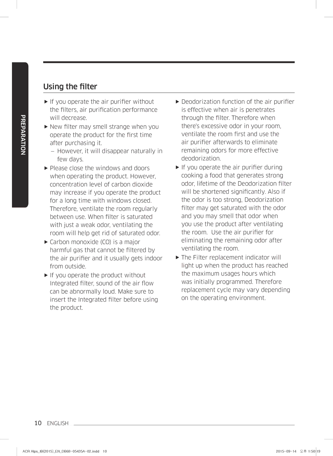 Samsung AC-B87AVWA/HC manual Using the filter 