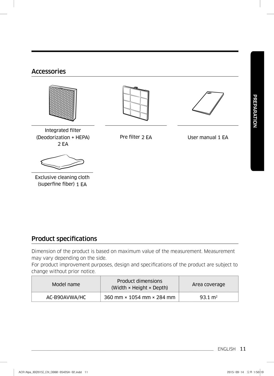 Samsung AC-B87AVWA/HC manual Accessories, Product specifications 