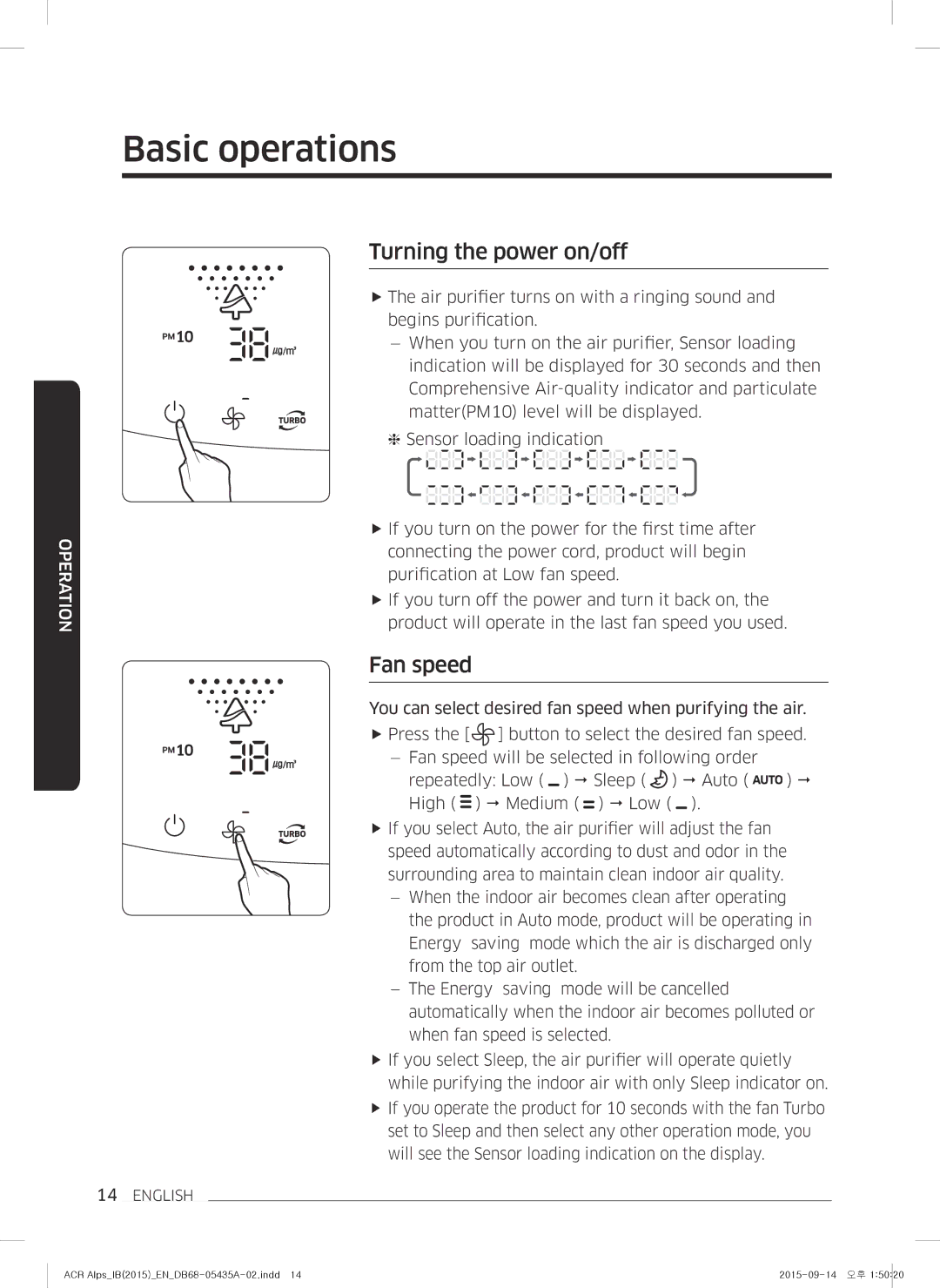 Samsung AC-B87AVWA/HC manual Basic operations, Turning the power on/off, Fan speed 