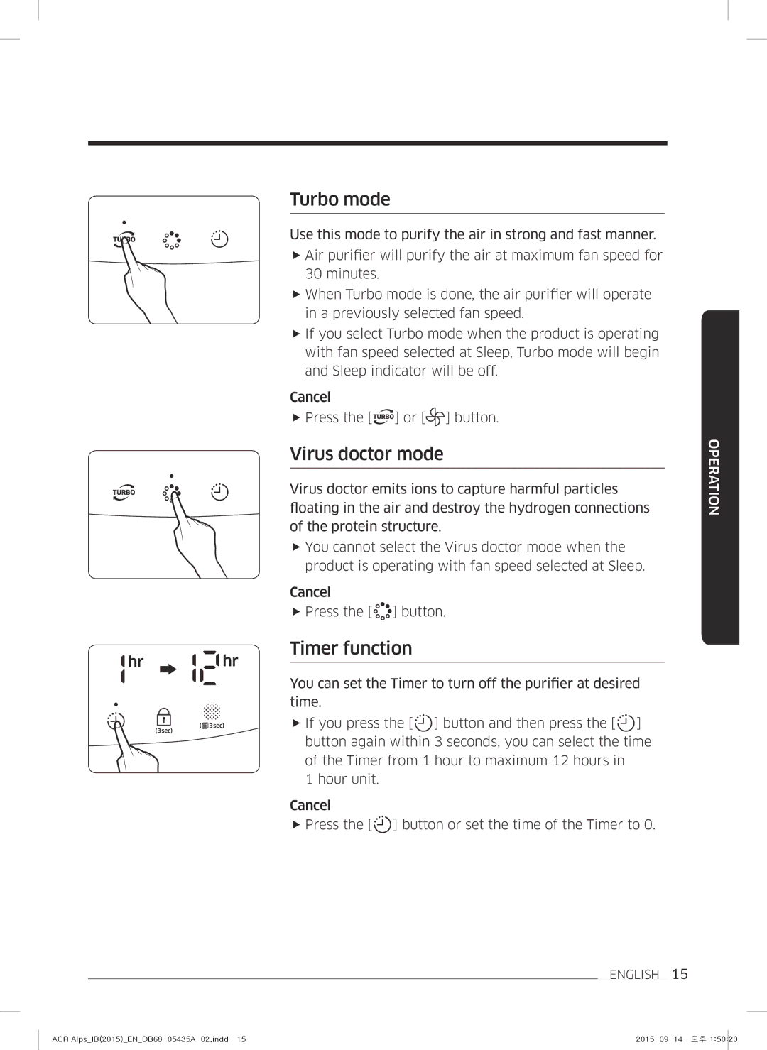 Samsung AC-B87AVWA/HC manual Turbo mode, Virus doctor mode, Timer function 