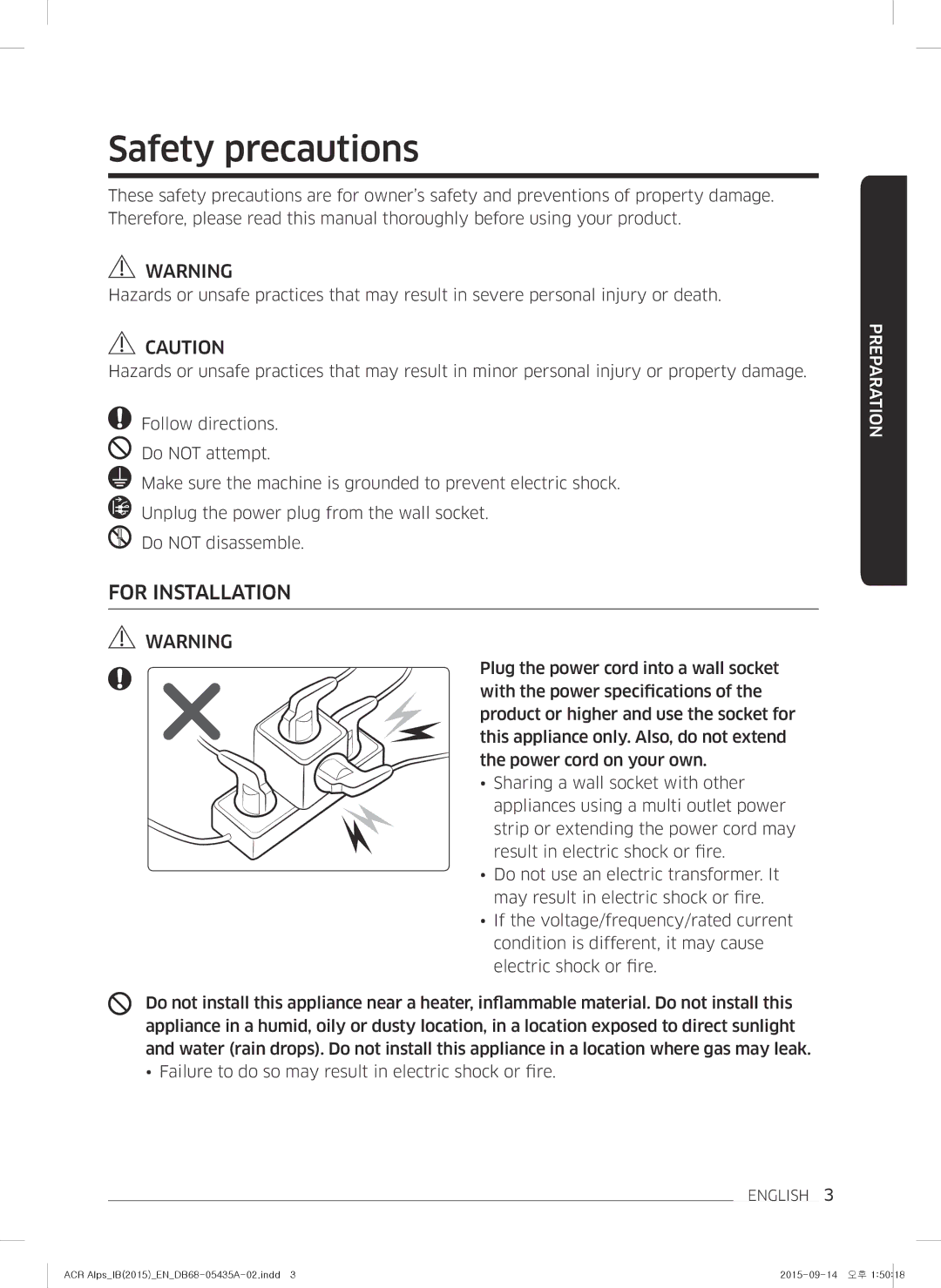 Samsung AC-B87AVWA/HC manual Safety precautions, For Installation 