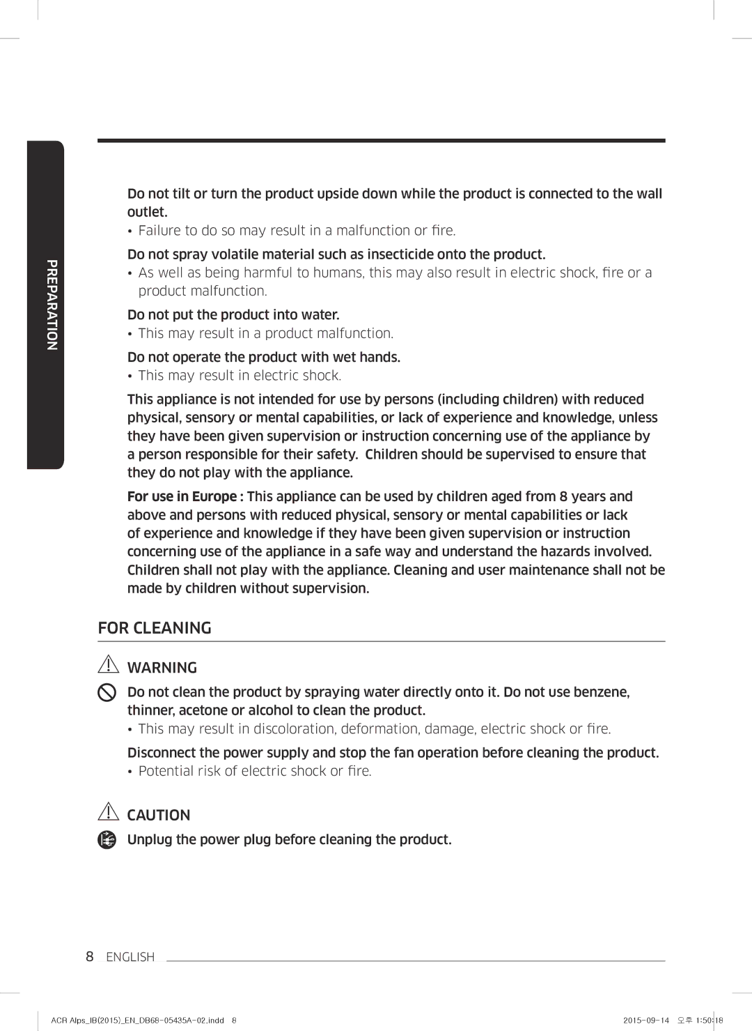 Samsung AC-B87AVWA/HC manual For Cleaning 