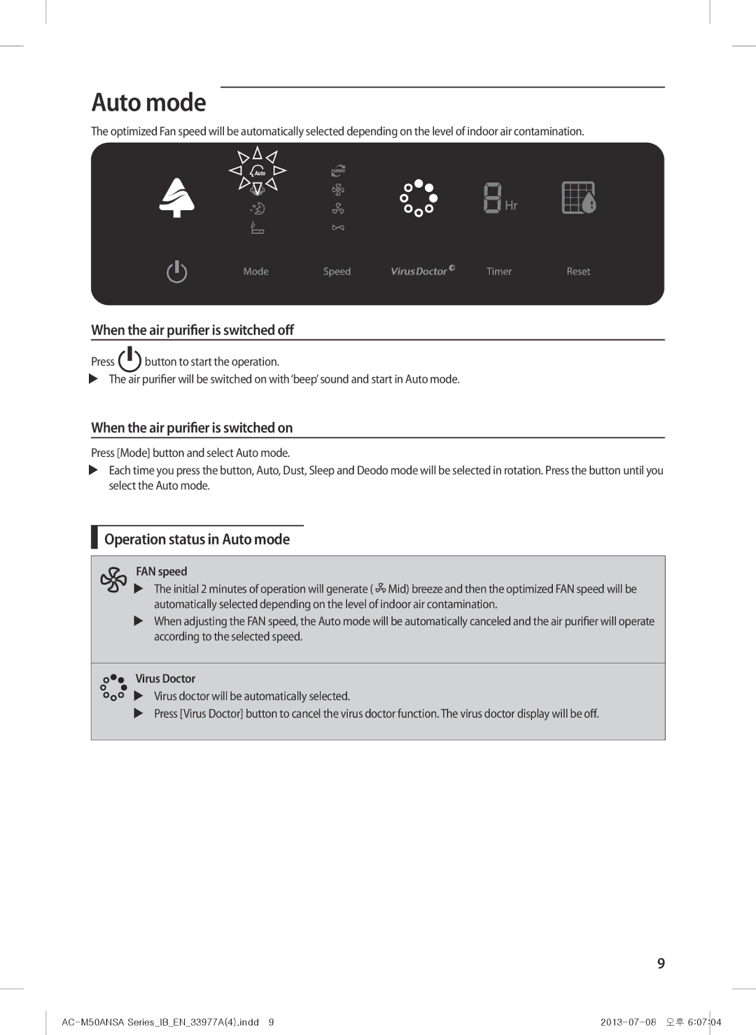 Samsung AC-M50ANSA/DU manual Auto mode, When the air purifier is switched off, When the air purifier is switched on 