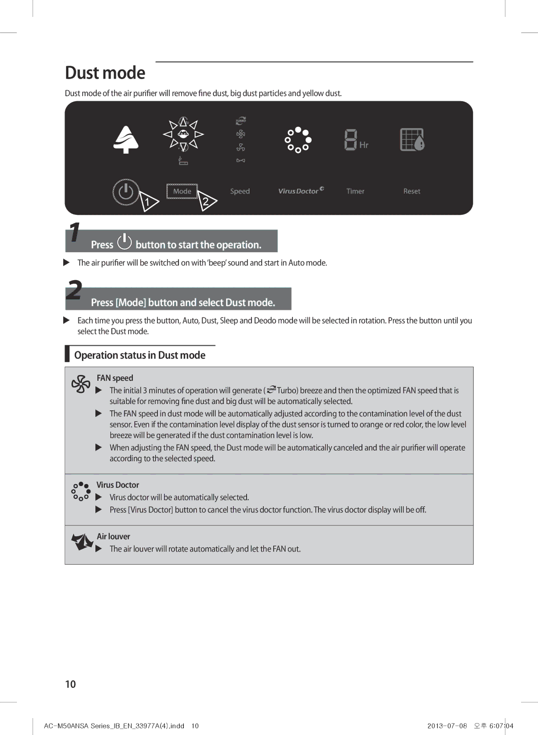 Samsung AC-505CMAGA/MG manual  Press button to start the operation,  Press Mode button and select Dust mode, Air louver 