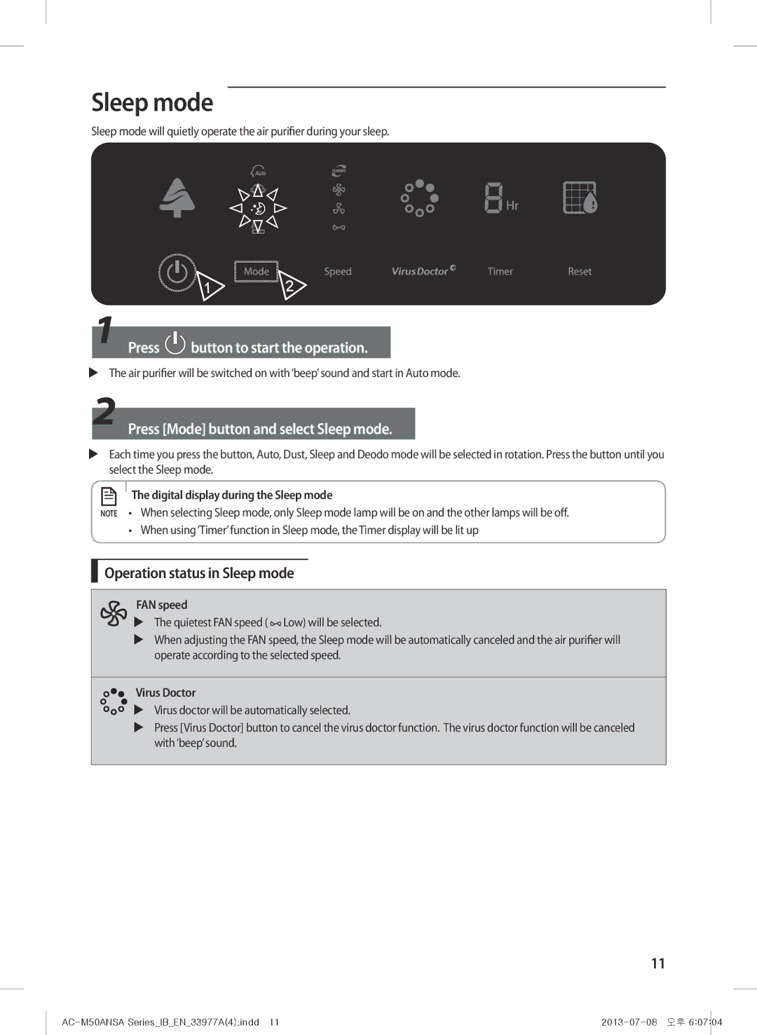 Samsung AC-M50ANSA/DU, AC-505CMAGA/MG manual  Press Mode button and select Sleep mode, Operation status in Sleep mode 