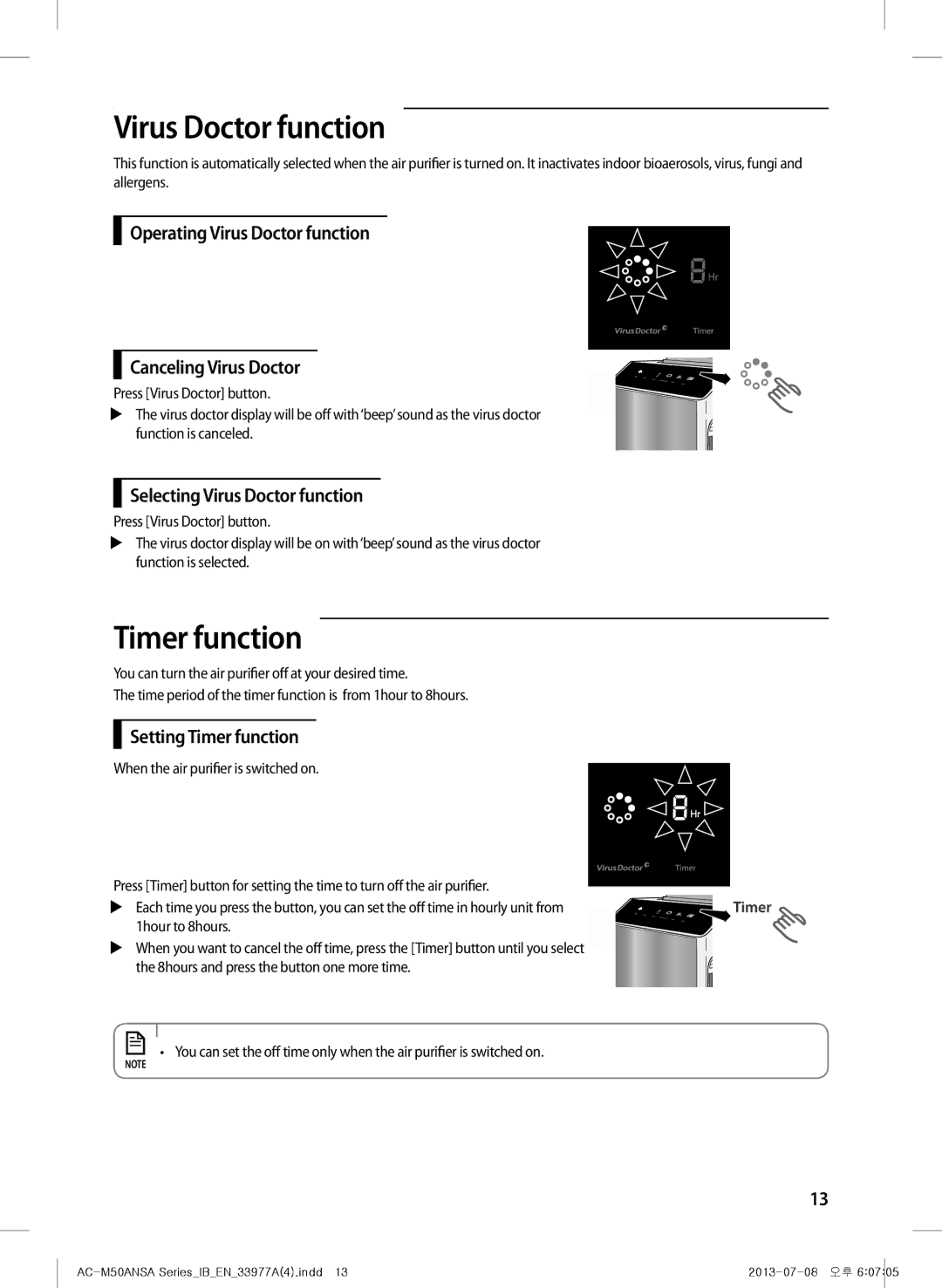 Samsung AC-M50ANSA/DU manual Operating Virus Doctor function Canceling Virus Doctor, Setting Timer function 