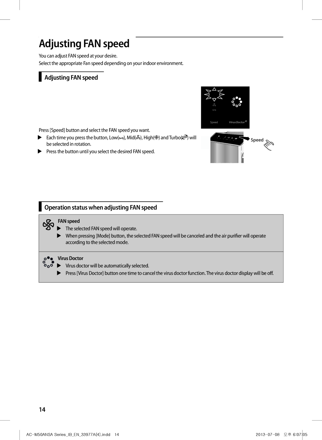 Samsung AC-505CMAGA/MG, AC-M50ANSA/DU manual Adjusting FAN speed, Operation status when adjusting FAN speed 