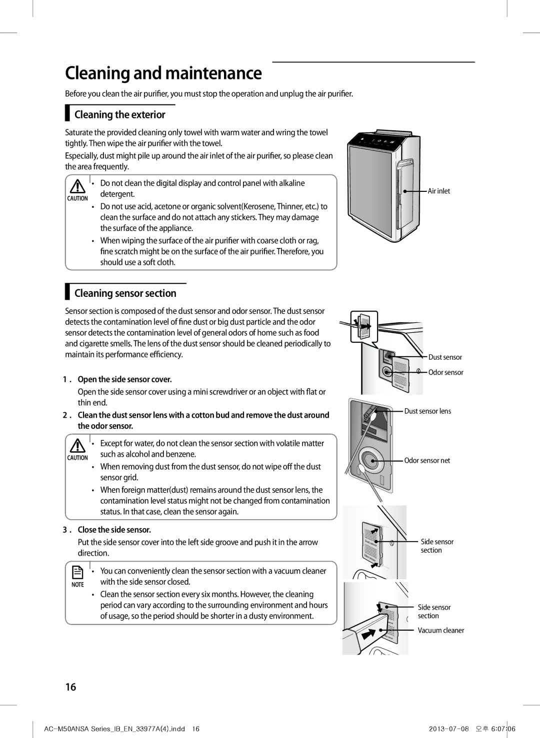 Samsung AC-505CMAGA/MG Cleaning and maintenance, Cleaning the exterior, Cleaning sensor section, Close the side sensor 