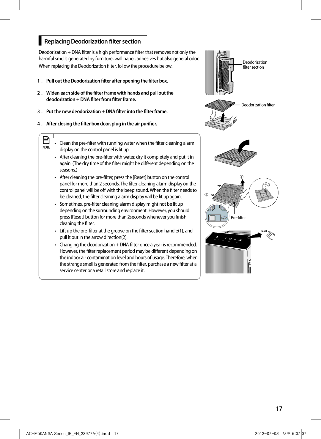 Samsung AC-M50ANSA/DU Replacing Deodorization filter section, After closing the filter box door, plug in the air purifier 