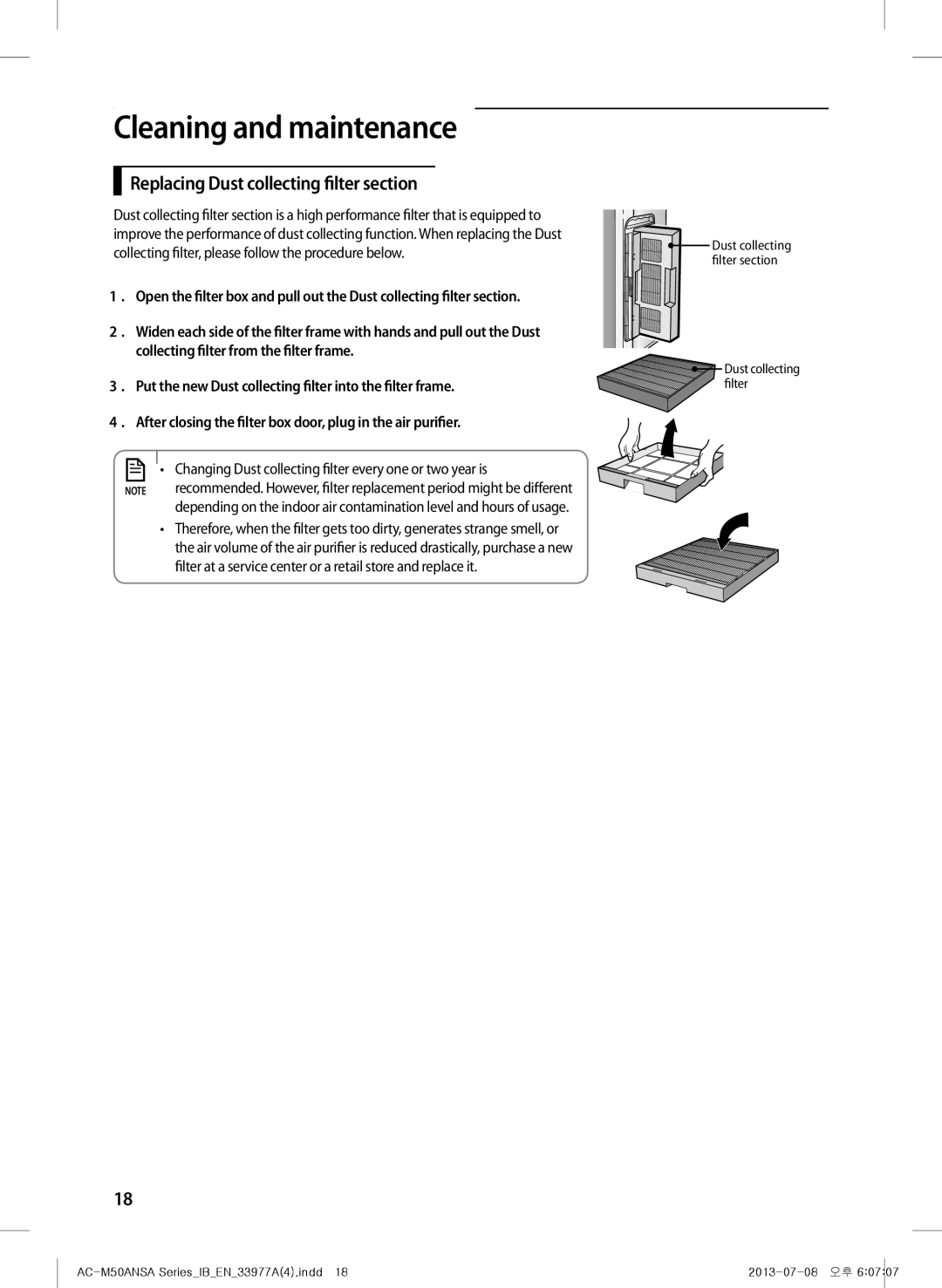 Samsung AC-505CMAGA/MG Replacing Dust collecting filter section, Changing Dust collecting filter every one or two year is 