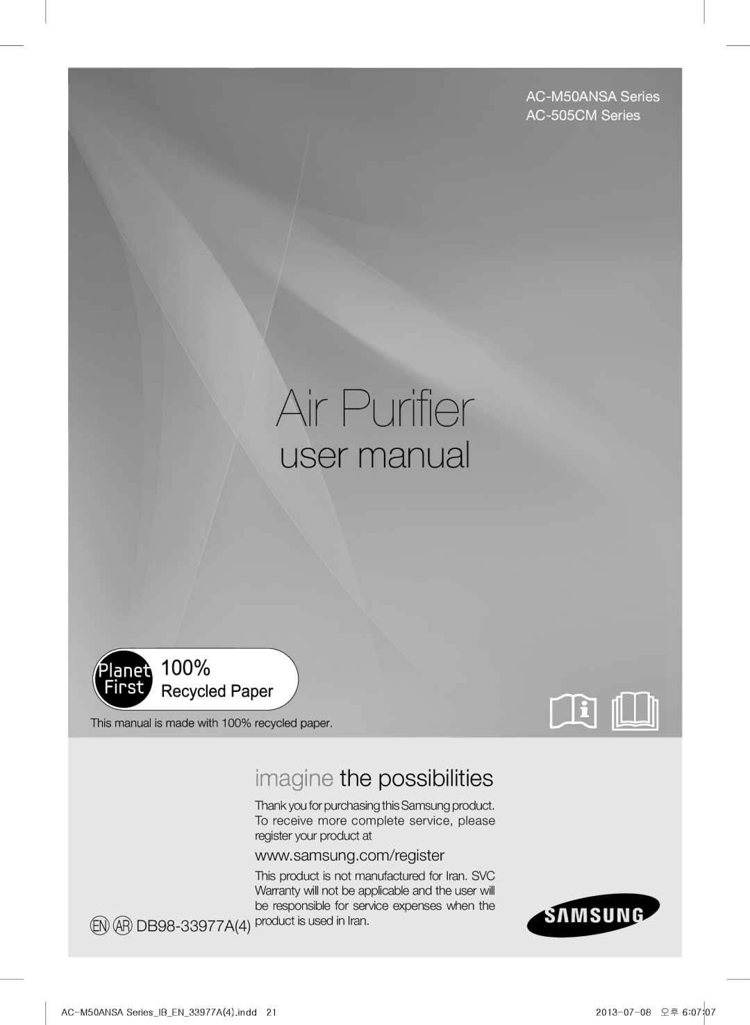 Samsung AC-M50ANSA/DU, AC-505CMAGA/MG manual Air Purifier, EN AR DB98-33977A4product is used in Iran 