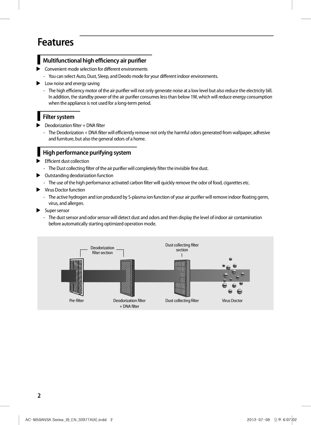 Samsung AC-505CMAGA/MG, AC-M50ANSA/DU manual Features, Multifunctional high efficiency air purifier, Filter system 