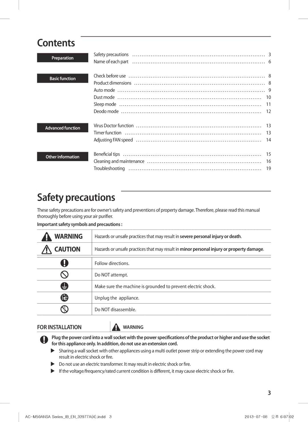 Samsung AC-M50ANSA/DU, AC-505CMAGA/MG manual Contents, Safety precautions 