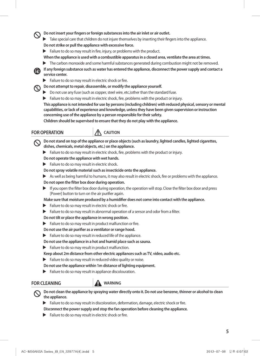 Samsung AC-M50ANSA/DU, AC-505CMAGA/MG manual Do not strike or pull the appliance with excessive force 