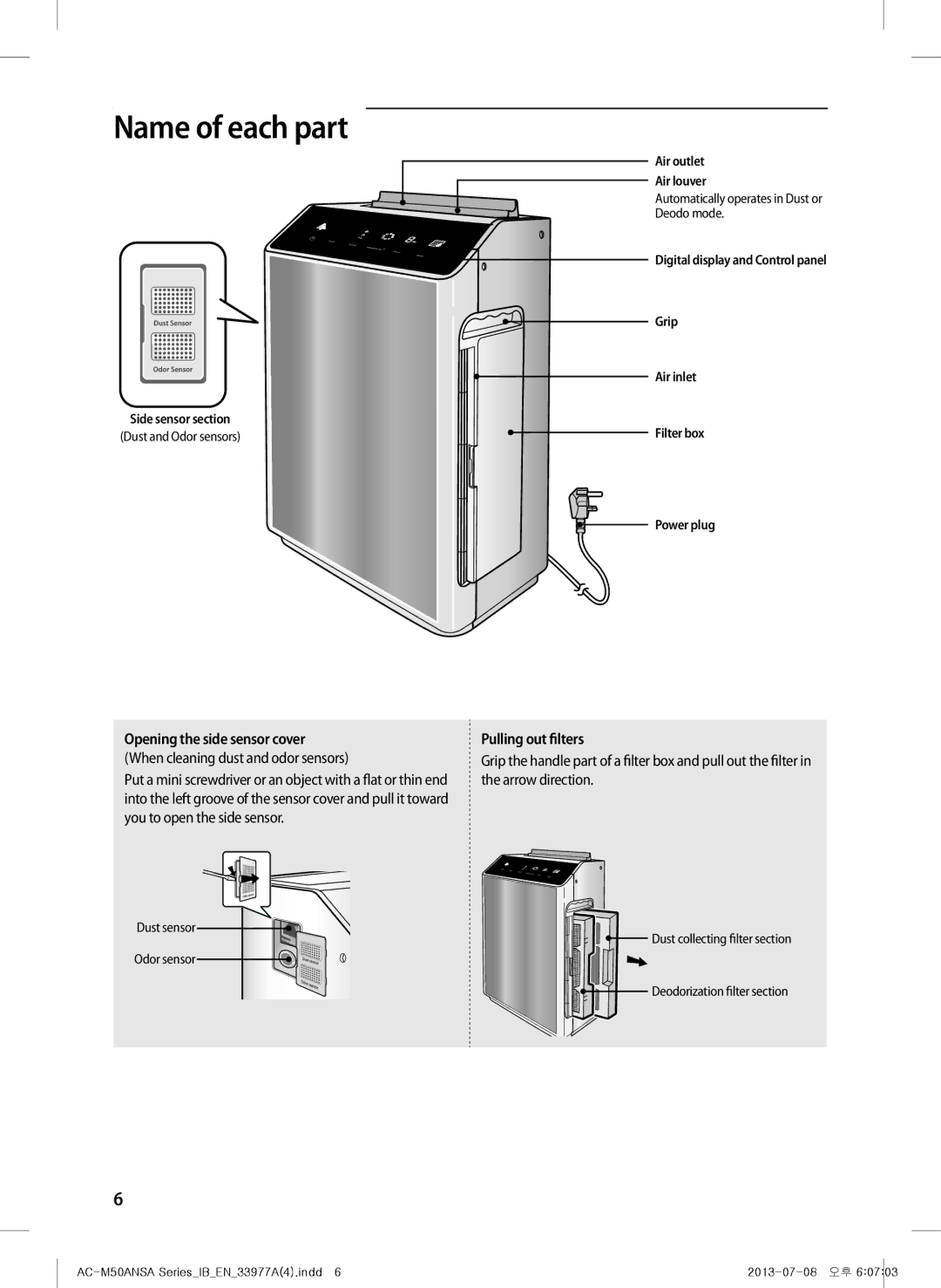 Samsung AC-505CMAGA/MG, AC-M50ANSA/DU manual Name of each part, Pulling out filters 