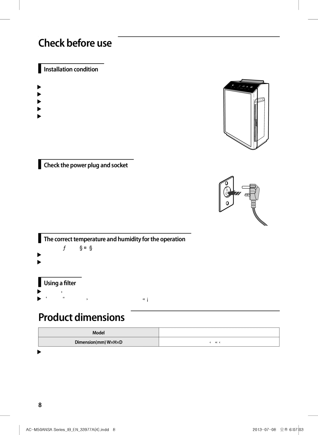 Samsung AC-505CMAGA/MG, AC-M50ANSA/DU manual Check before use, Product dimensions 