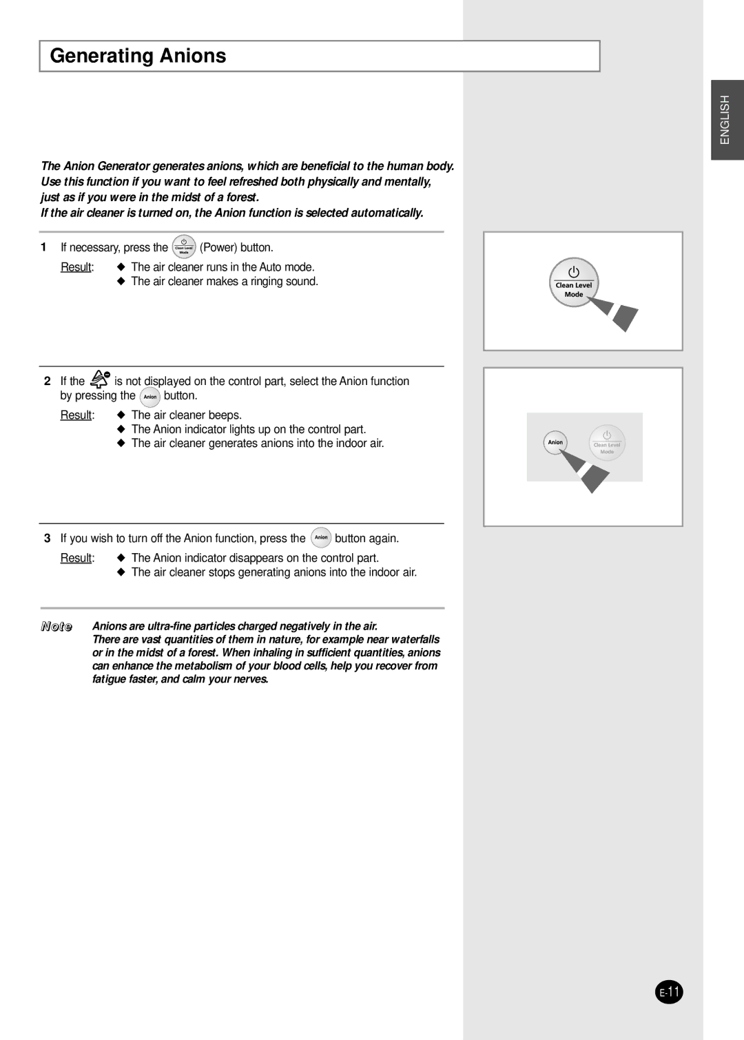 Samsung AC160C/XSG, AC160C-XSH, AC340B-MID manual Generating Anions, Air cleaner stops generating anions into the indoor air 