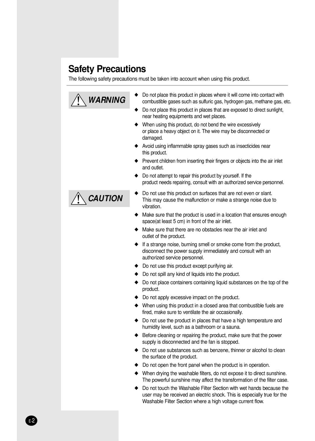 Samsung AC340B/XSG, AC160C-XSH, AC340B-MID, AC160C/XSG, AC340B/MID, AC401BR/MID, AC401BR-MID, AC401BR/XSG Safety Precautions 
