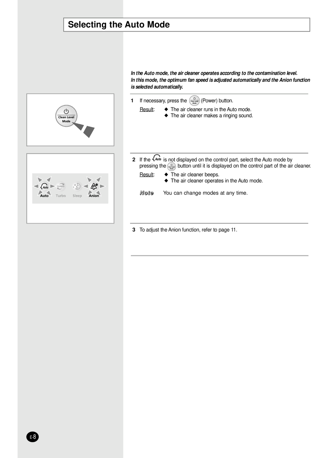 Samsung AC160C-XSH, AC340B-MID, AC340B/XSG, AC160C/XSG, AC340B/MID, AC401BR/MID, AC401BR-MID manual Selecting the Auto Mode 