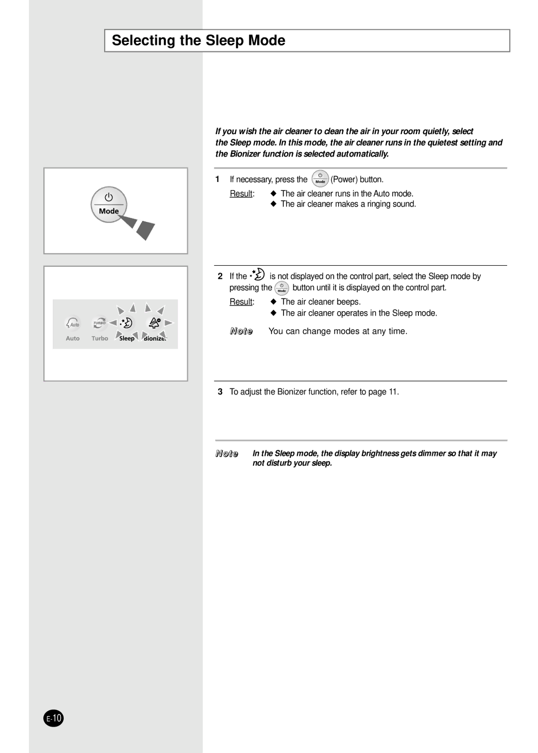 Samsung AC160CB-XSH, AC160CB/MID manual Selecting the Sleep Mode 