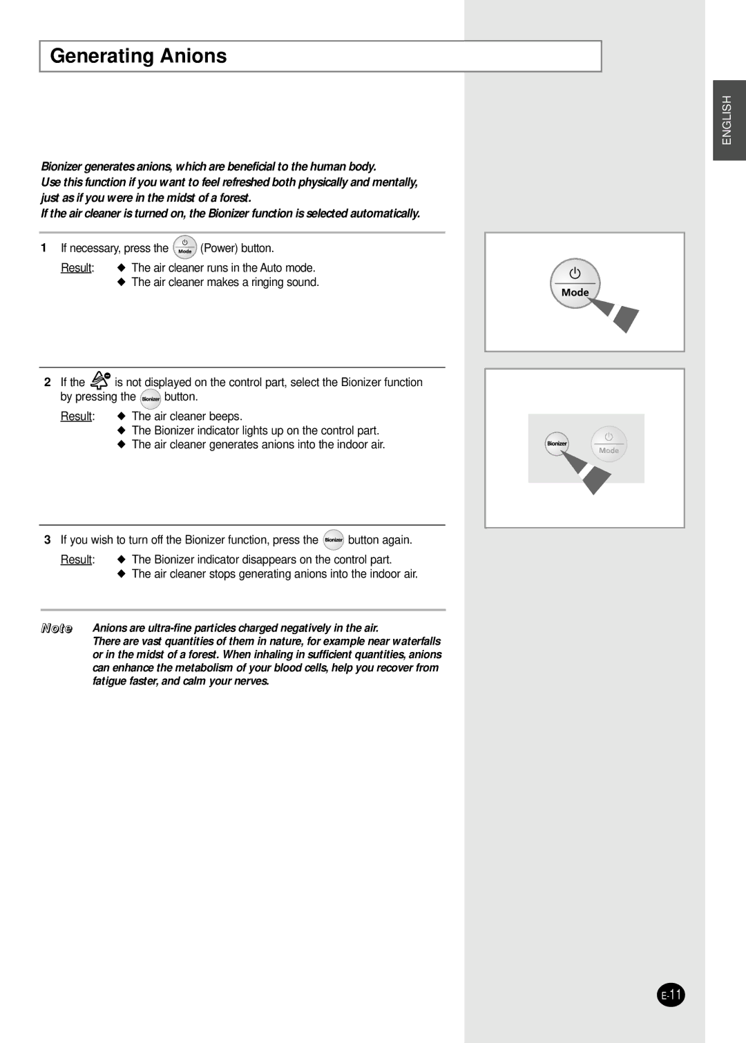 Samsung AC160CB/MID, AC160CB-XSH manual Generating Anions, Air cleaner stops generating anions into the indoor air 