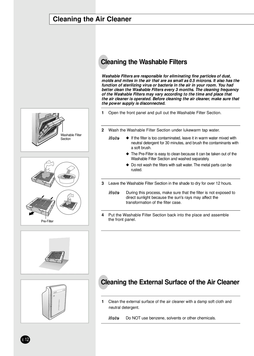 Samsung AC160CB-XSH, AC160CB/MID manual Cleaning the Air Cleaner, Cleaning the Washable Filters 