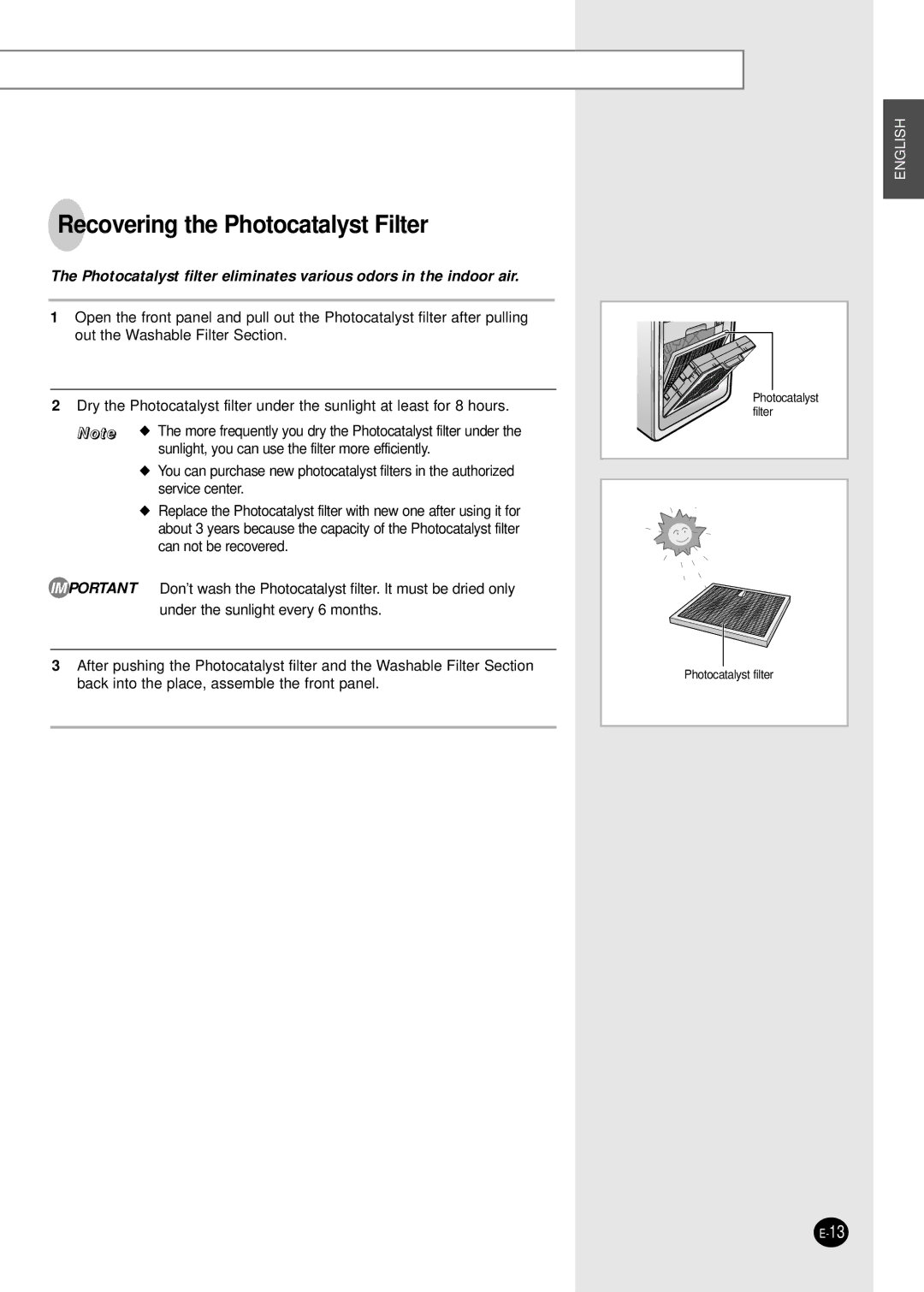 Samsung AC160CB/MID, AC160CB-XSH manual Recovering the Photocatalyst Filter 