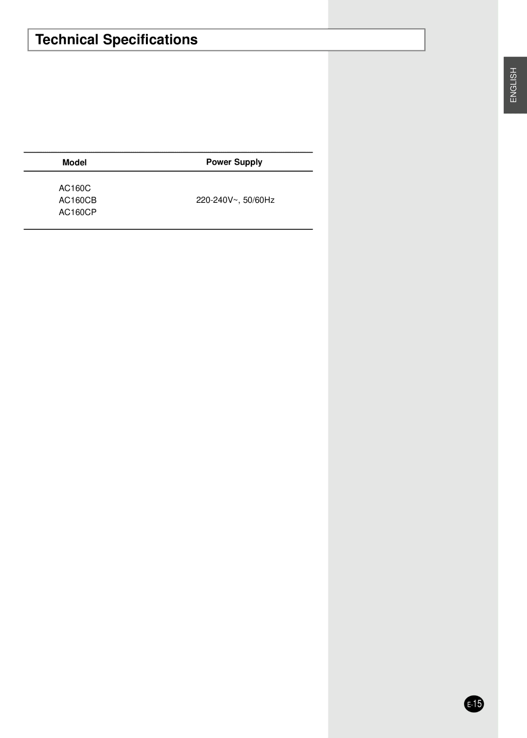 Samsung AC160CB/MID, AC160CB-XSH manual Technical Specifications 