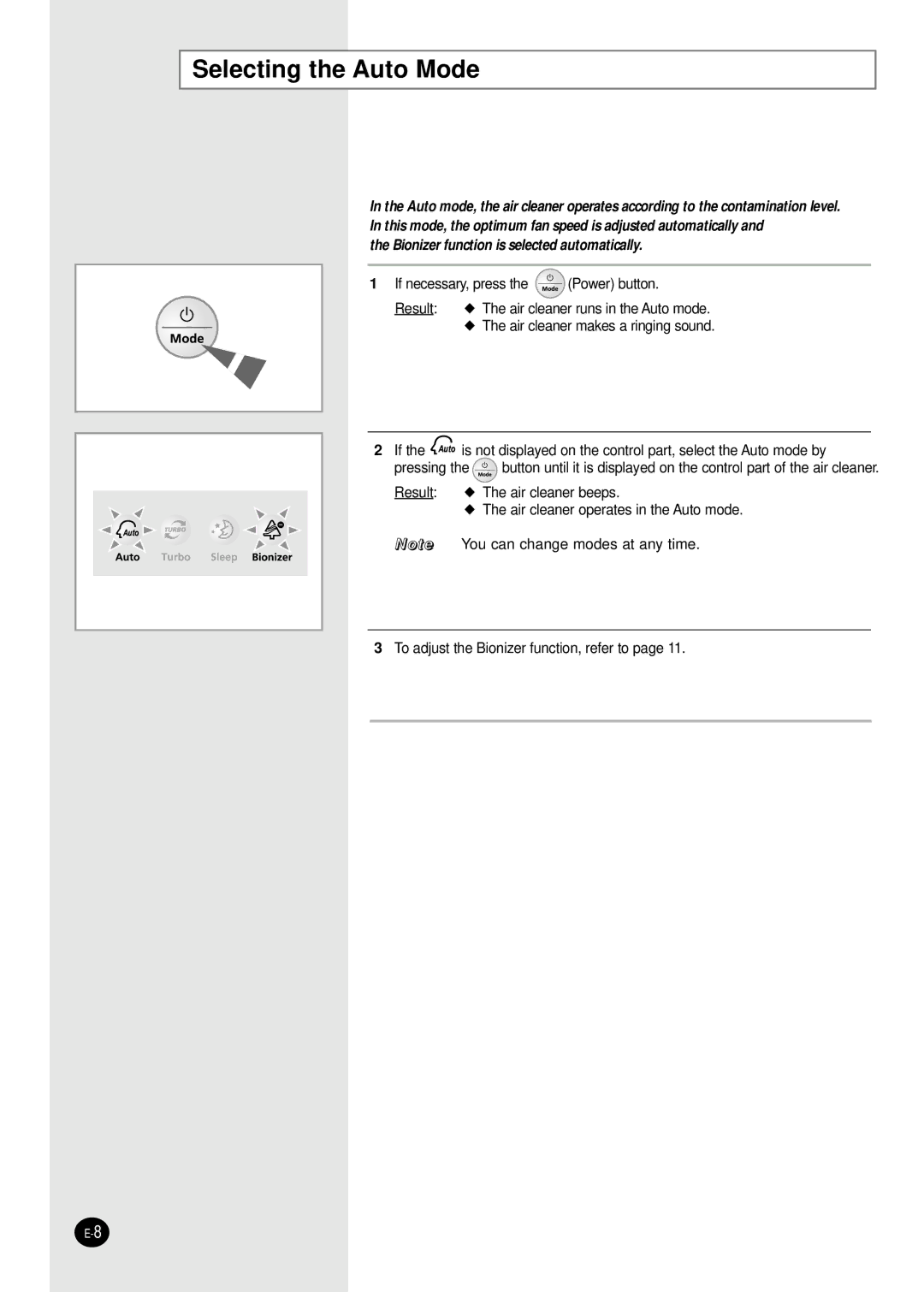 Samsung AC160CB-XSH, AC160CB/MID manual Selecting the Auto Mode, Bionizer function is selected automatically 