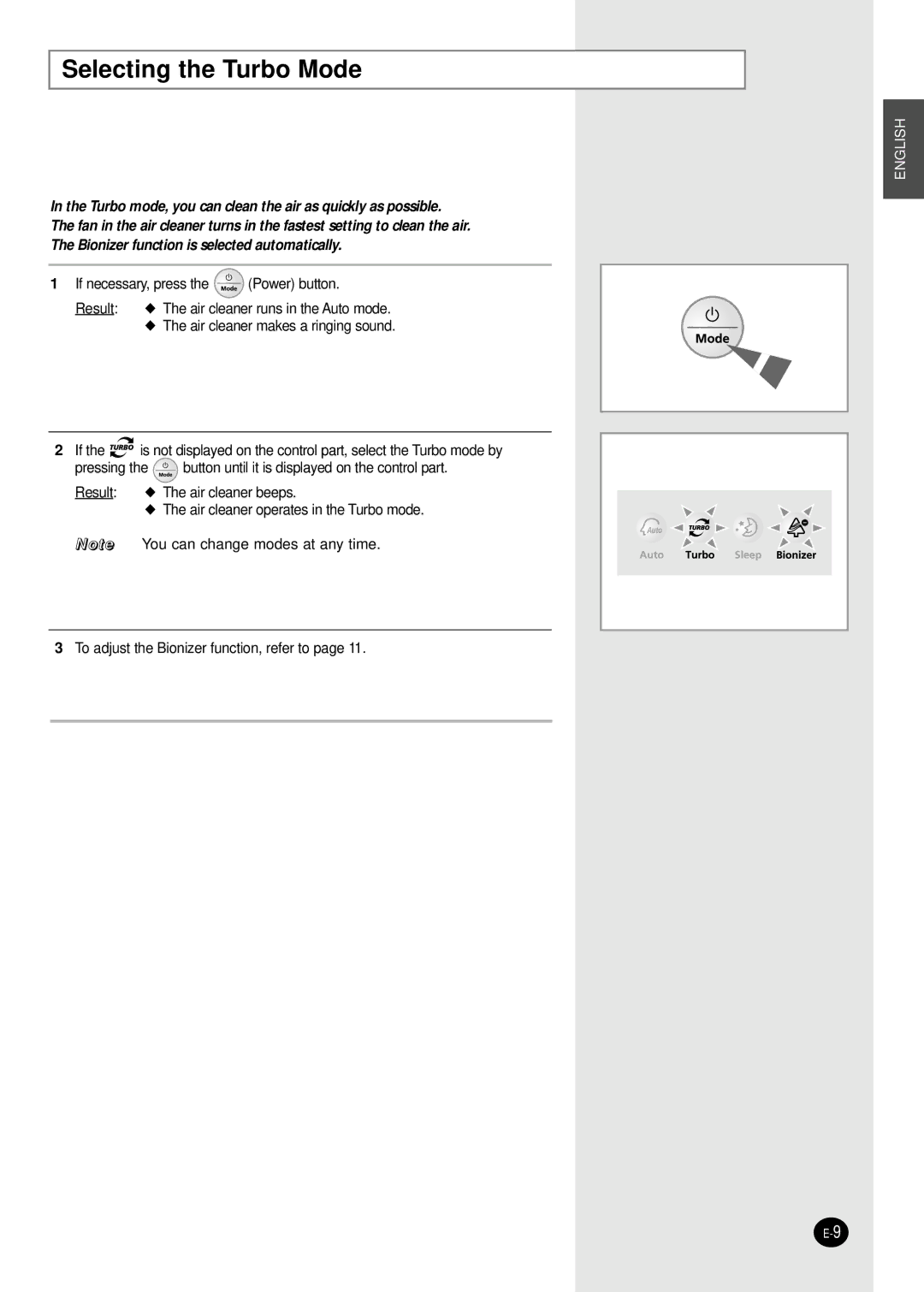 Samsung AC160CB/MID, AC160CB-XSH manual Selecting the Turbo Mode 