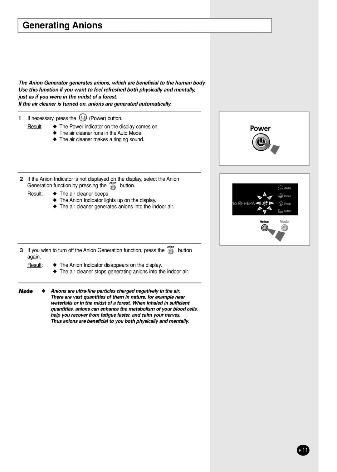 Samsung AC340B/XST manual Generating Anions 