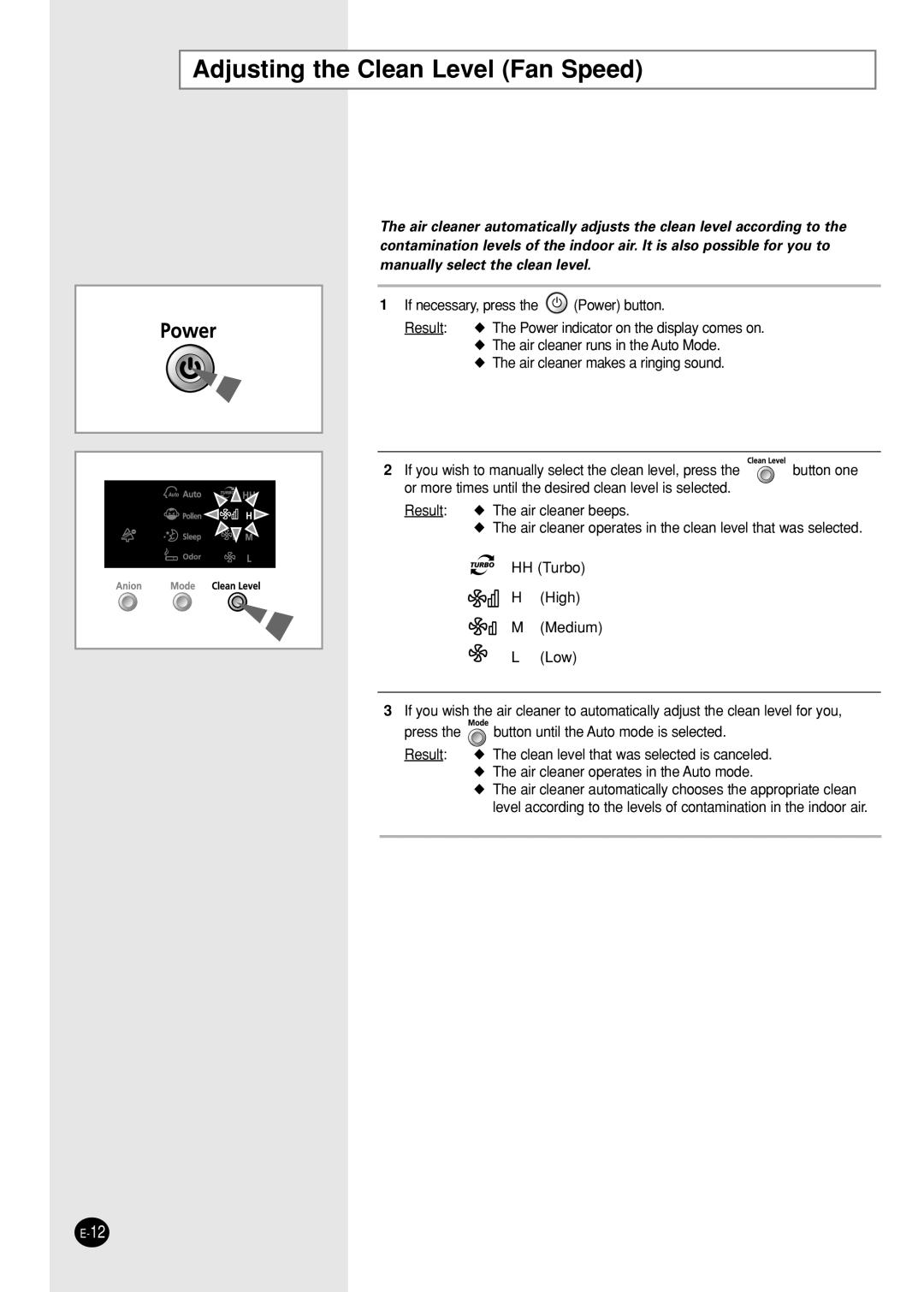 Samsung AC340B/XST manual Adjusting the Clean Level Fan Speed 