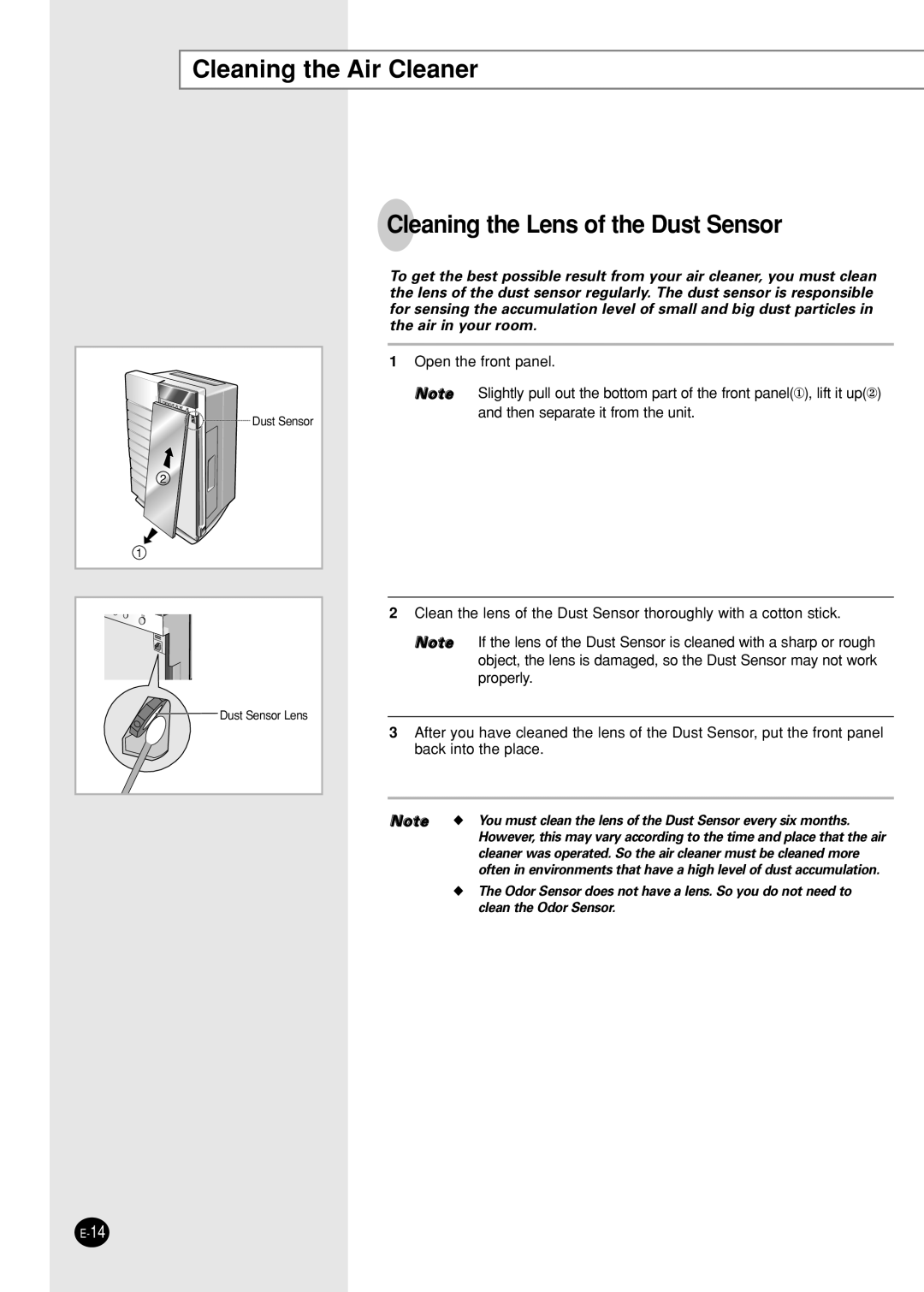 Samsung AC340B/XST manual Cleaning the Air Cleaner, Cleaning the Lens of the Dust Sensor 