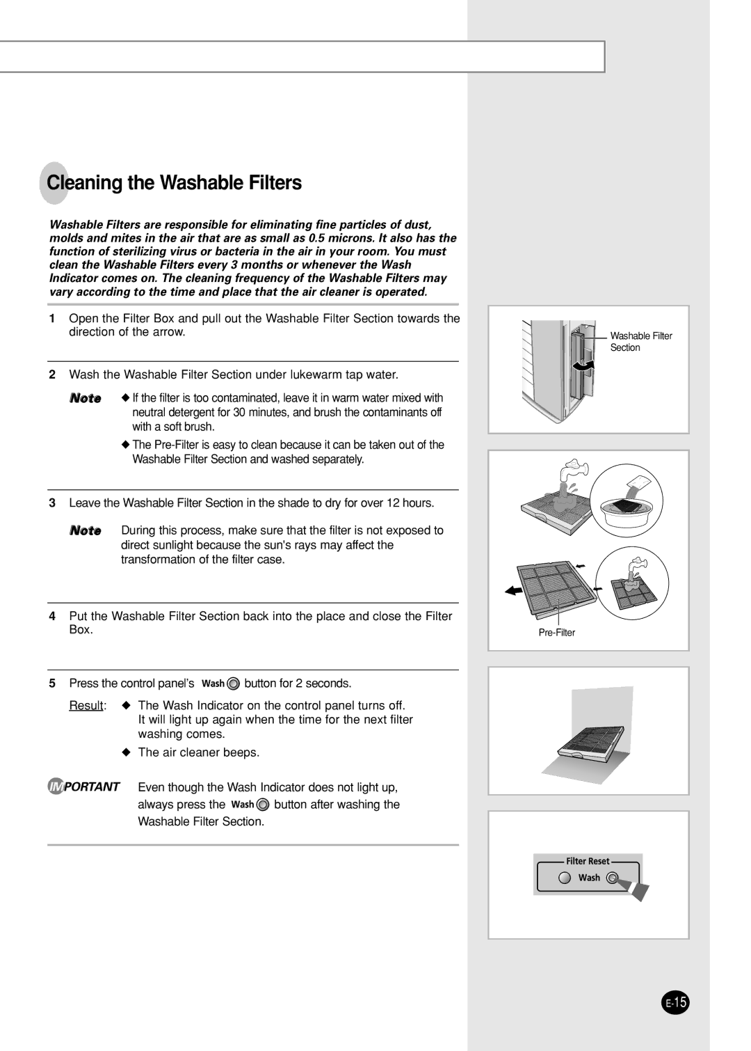 Samsung AC340B/XST manual Cleaning the Washable Filters 