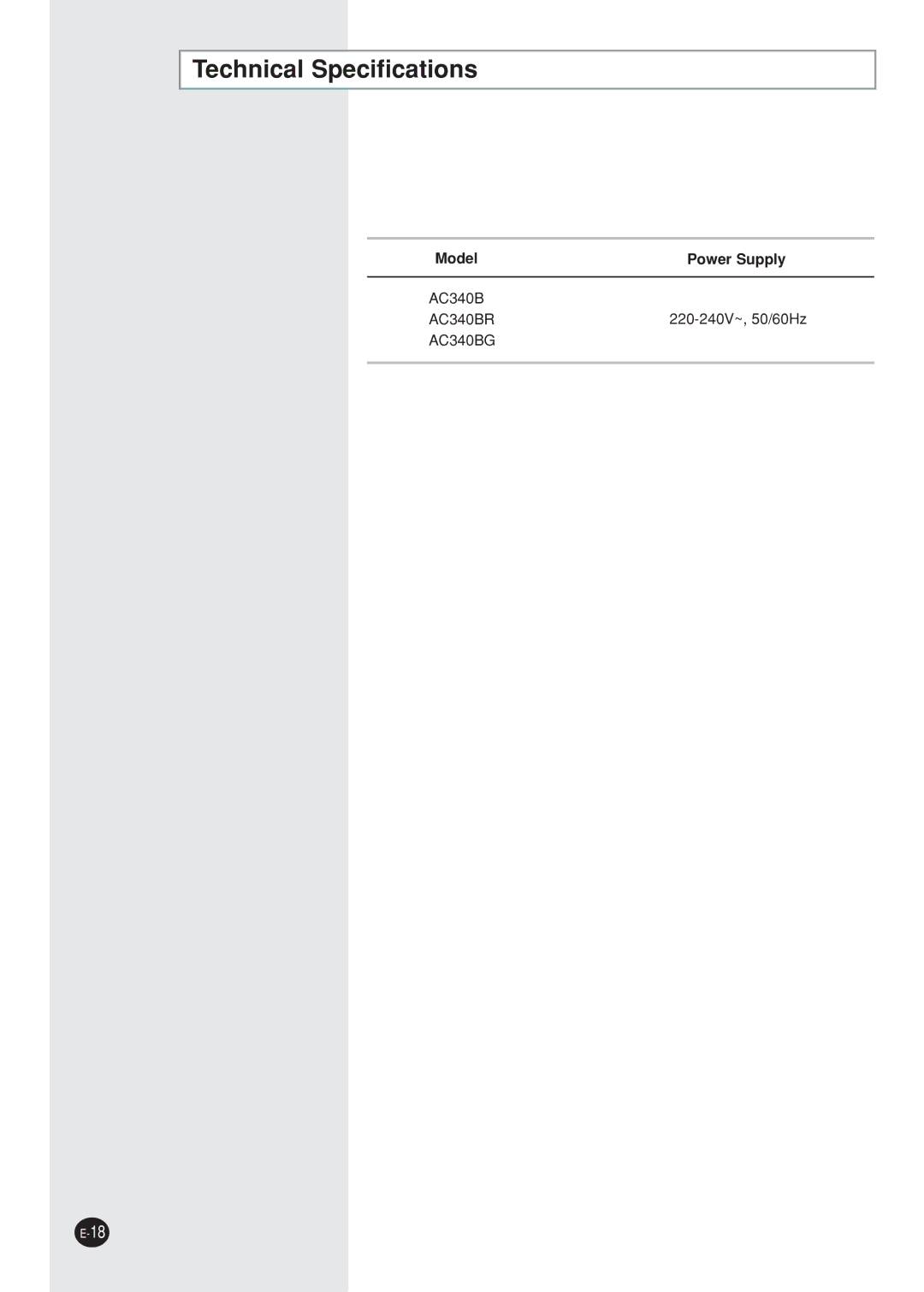 Samsung AC340B/XST manual Technical Specifications 