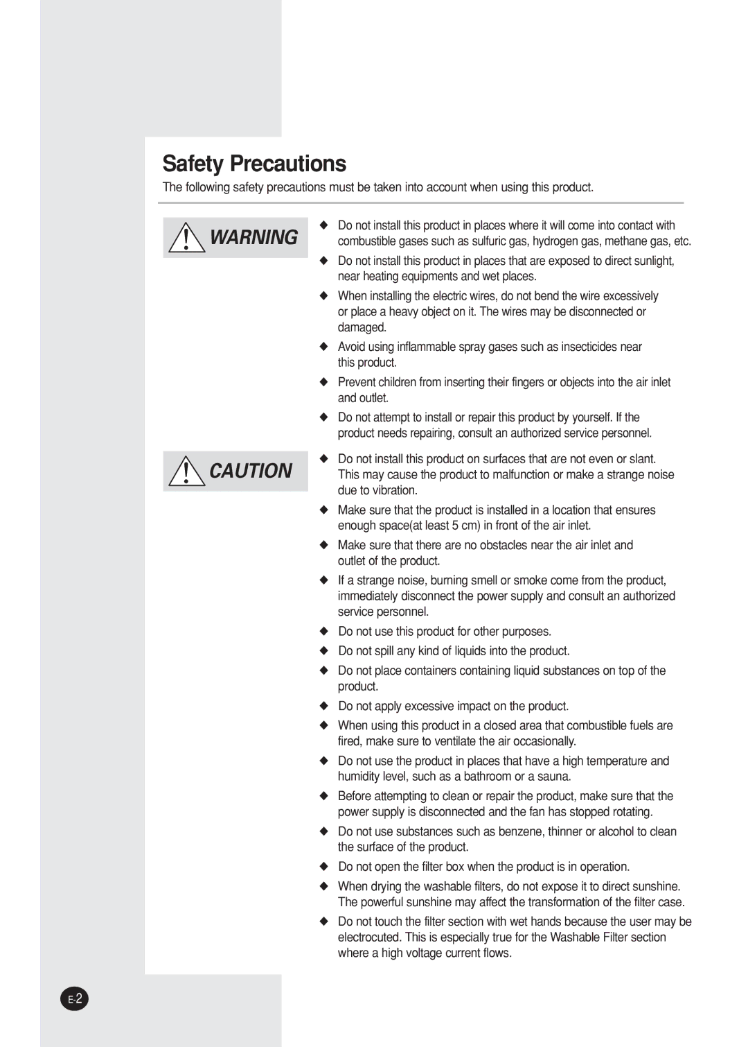 Samsung AC340B/XST manual Safety Precautions 